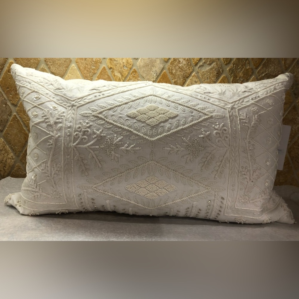 Callisto Home White Beaded & Embroidered Decorative Rectangle Pillow